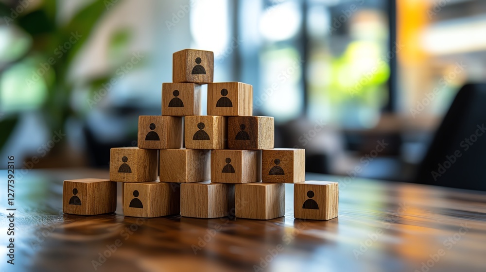 Aufkleber a professional workspace with wooden cubes featuring people icons on a table, symbolizing the organi