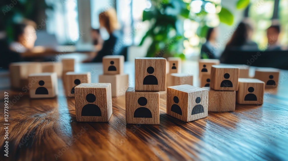 Poster a professional workspace with wooden cubes featuring people icons on a table, symbolizing the organi