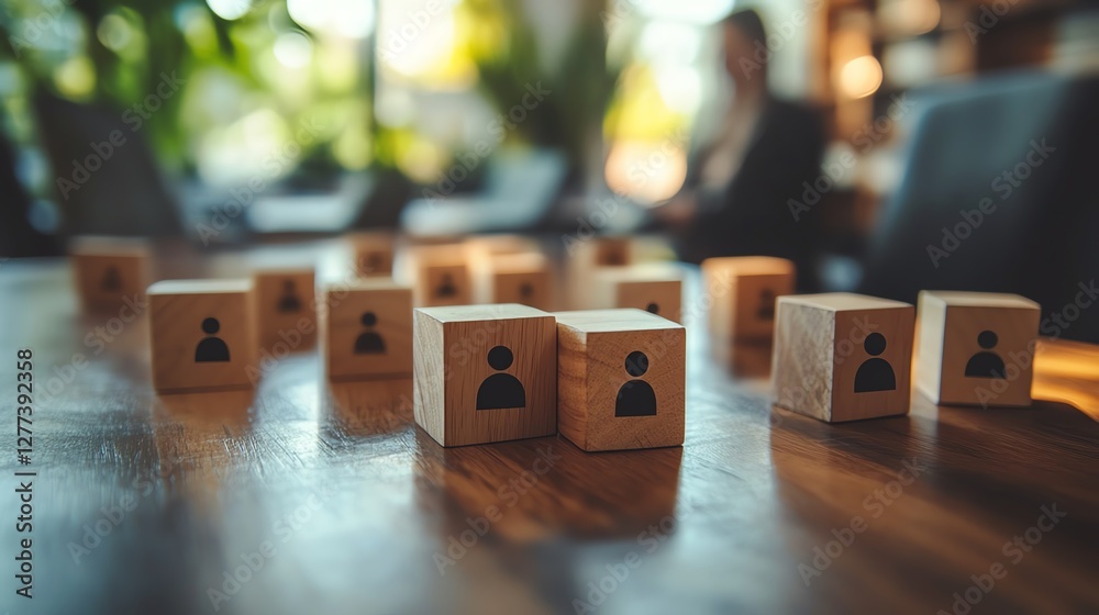 Poster a professional workspace with wooden cubes featuring people icons on a table, symbolizing the organi