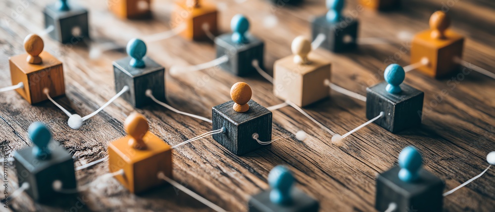Aufkleber a topdown view of a wooden table with multiple cubes featuring people icons, representing a communic