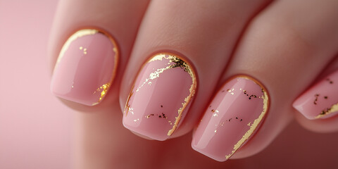 A close-up of manicured nails with pink polish and gold accents. Useful for nail art blogs, beauty websites, or elegant style themes.