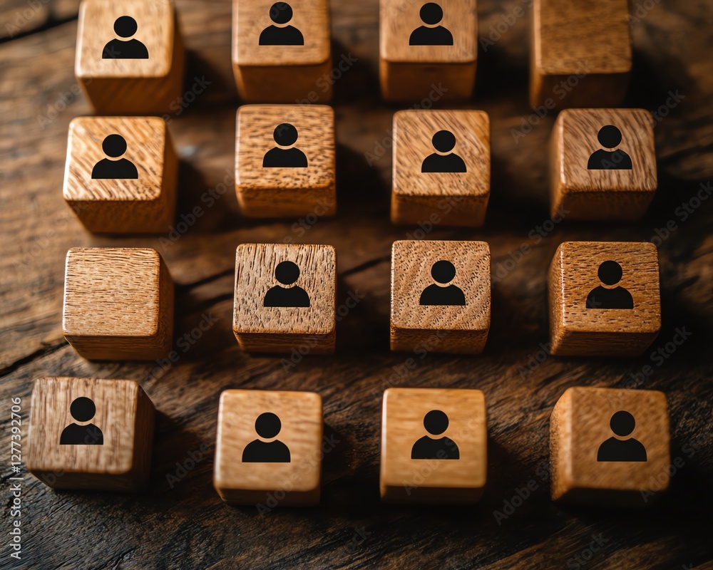 Aufkleber A topdown view of wooden cubes on a table, each with a person icon, representing the links in a communication network and organizational collaboration
