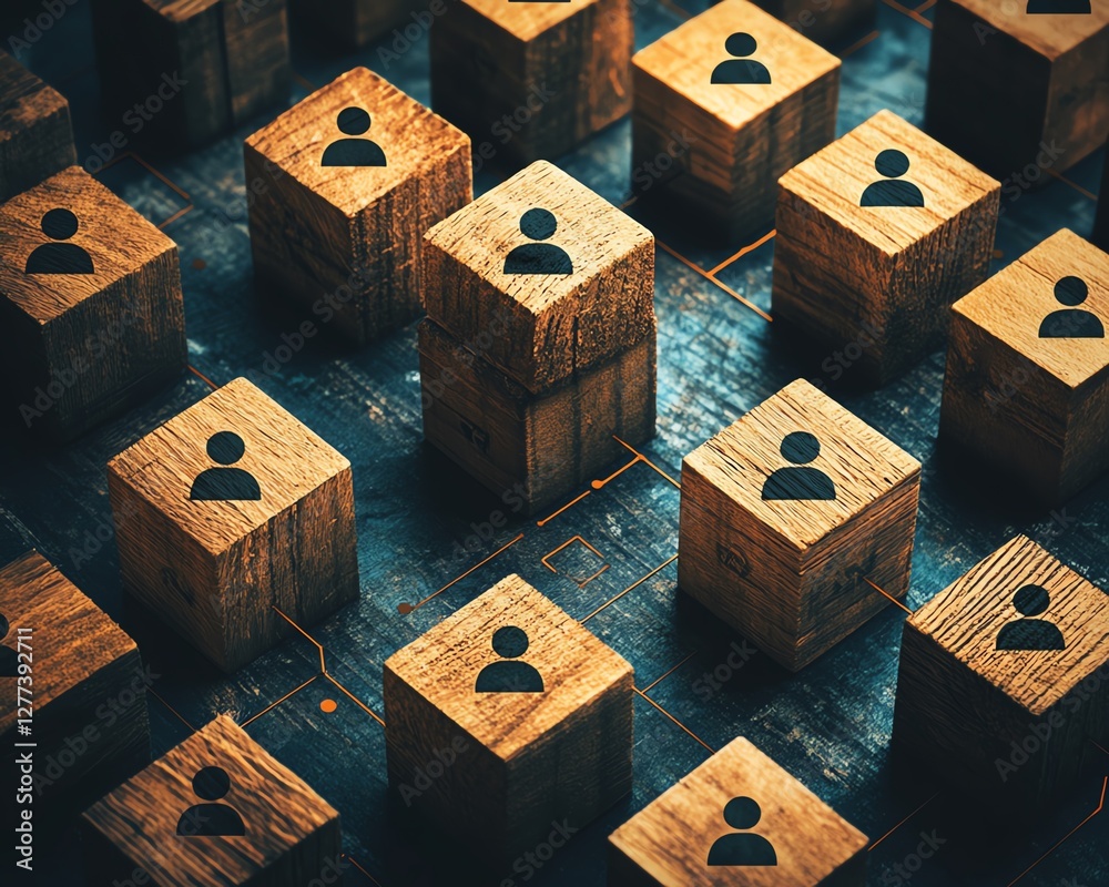 Poster a topdown view of wooden cubes on a table, each with a person icon, representing the links in a comm