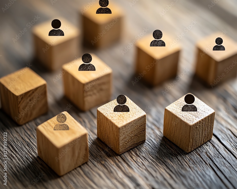Poster a topdown view of wooden cubes on a table, each with a person icon, representing the links in a comm