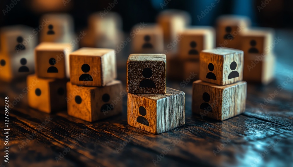 Poster a wooden table with cubes featuring people icons, representing the design of an organizational netwo