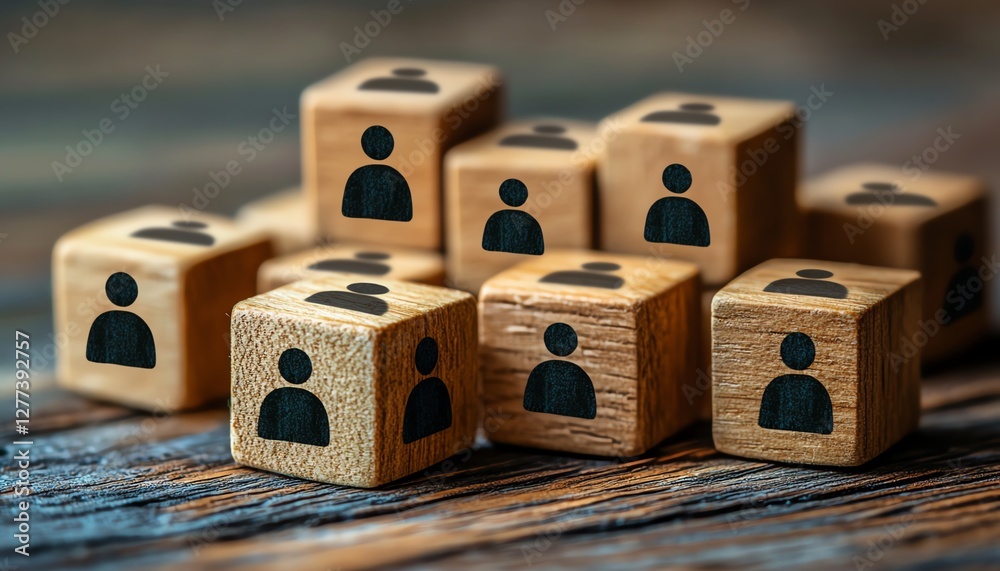 Poster a wooden table with cubes featuring people icons, representing the design of an organizational netwo