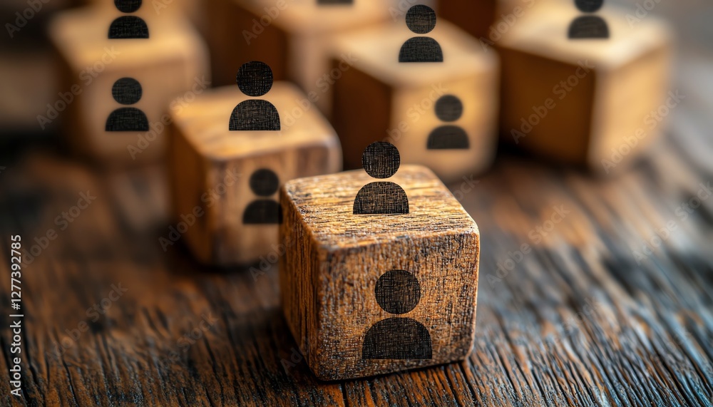 Poster a wooden table with cubes featuring people icons, representing the design of an organizational netwo