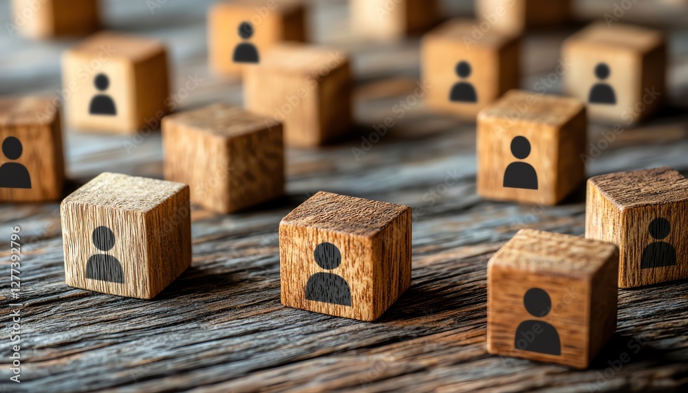 Poster a wooden table with cubes featuring people icons, representing the design of an organizational netwo