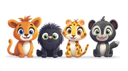 Fototapeta premium Cute cartoon animal cubs, lion, leopard, panther, illustration.