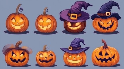 Cute Halloween Pumpkins with Witch Hats  Jack o  lanterns  Autumn  Holiday