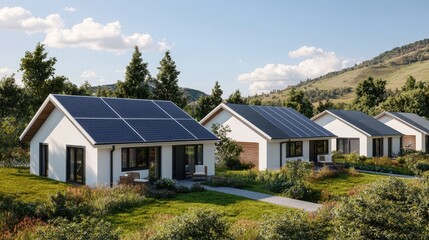 Fototapeta premium Modern houses with solar panels, surrounded by greenery and hills, showcasing eco-friendly living and sustainable design.