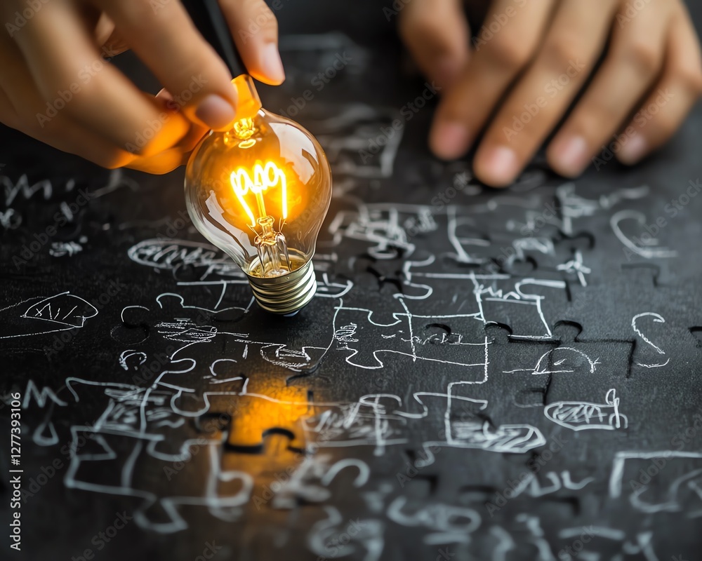 Poster closeup of hands sketching a puzzle and a bright light bulb on a blackboard, representing the combin