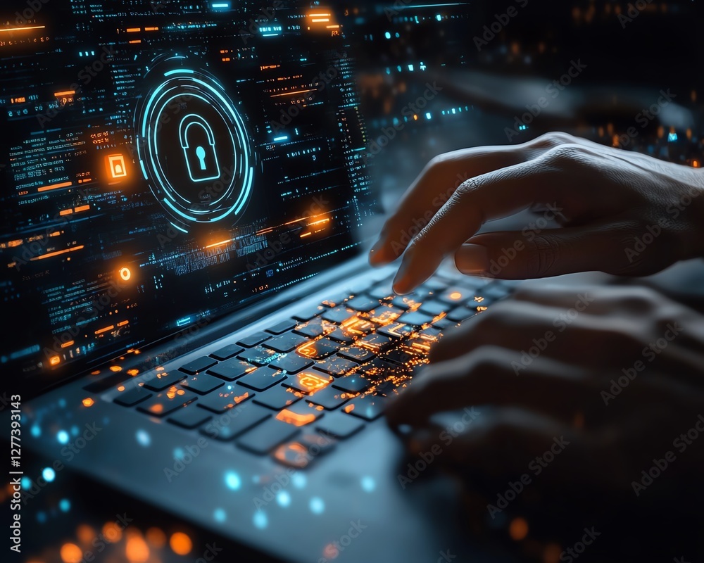 Poster cybersecurity concept with hands typing on a laptop, a digital padlock icon, and a futuristic interf