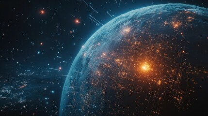 Obraz premium Futuristic planet with glowing city lights and shooting stars in space.