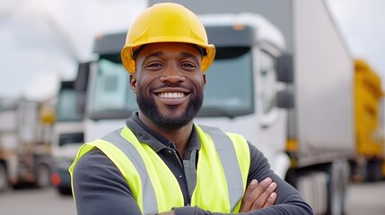 Smiling truck driver in safety gear stands confidently by lorries at port