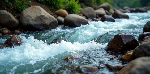 Debris filled rapid with pebbles and boulders, fast flowing water, rocks, turbulent stream