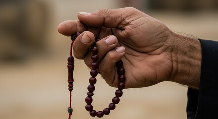A man holds a string of prayer beads in his hand