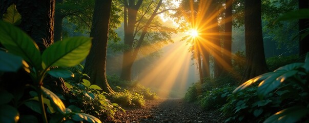 Morning sun peeking through dense rainforest foliage, sunlight filtering, forest, shadows