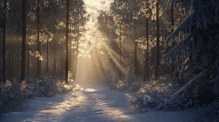 Obraz premium Enchanted Winter Forest Path: Sunbeams Dance Through Snow-Covered Trees