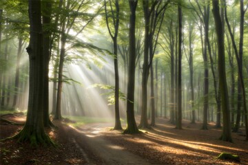 Obraz premium Sunbeams in the misty forest