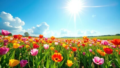 Sun-drenched floral field, azure sky overhead , peaceful, vibrant