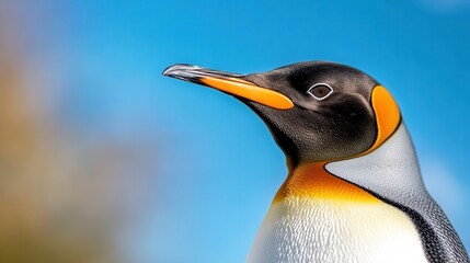 Close-up of king penguin eyes and feathers in Antarctica's soft blue landscape