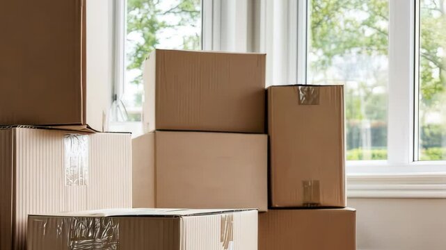 Stacked Cardboard Boxes by Window in Bright Room, vertical video