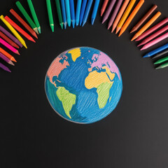 Naklejka premium Vibrant Earth sketch surrounded by colorful crayons on black background