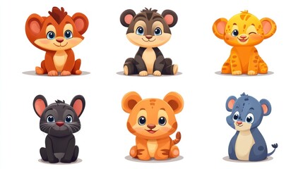 Obraz premium Cute cartoon animal cubs, various species, sitting poses.