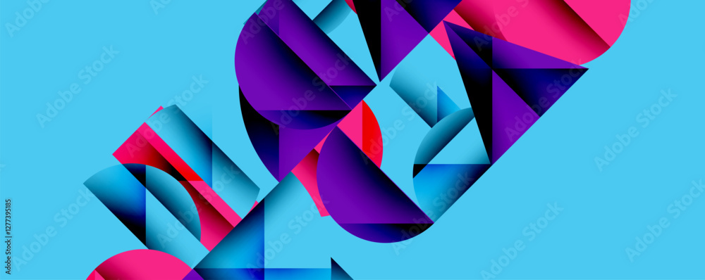 Poster Abstract geometric background with layered gradient shapes forming dynamic patterns. Overlapping semi circles and triangles create depth and contrast