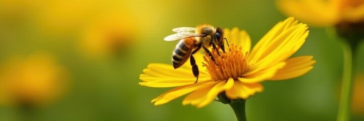 Busy bee on bright summer flower, collecting pollen , vibrant, field, wallpaper