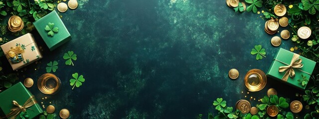 Saint Patrick's Day Irish holiday celebration with shamrocks and gold coins