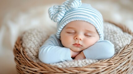 Newborn boy peacefully sleeping in a cozy wicker basket