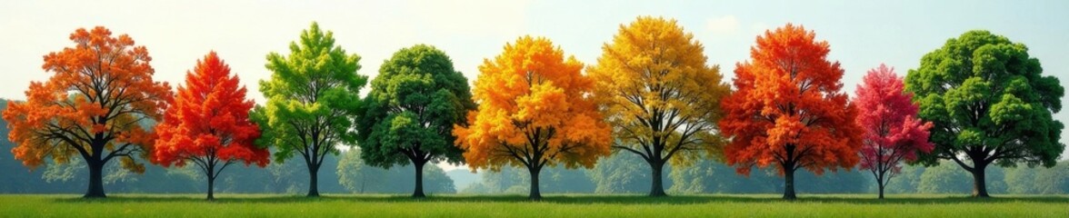 Naklejka premium Group of diverse trees, various heights, vibrant foliage , group, backdrop