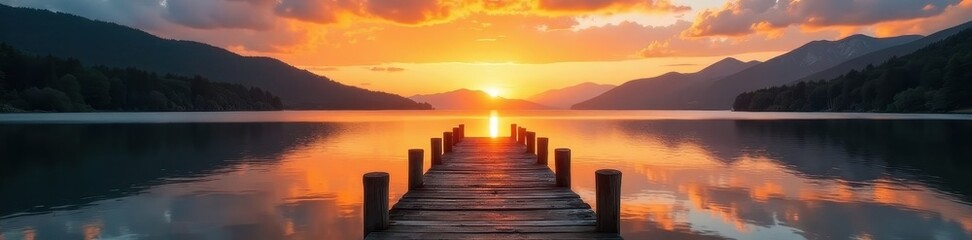 Obraz premium Magical sunrise paints lake gold, old wooden jetty extends into calm water , photography, clouds