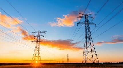 Engineers silhouetted against sunset near electricity towers in the field