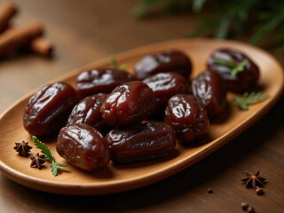 Fototapeta premium Dates with Arabic Lantern, Luxurious Ramadan Decoration, Fresh and Juicy Middle Eastern Dates, Organic Gourmet Food for Islamic Festivities and Advertising Purposes 