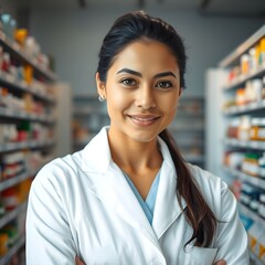 foto del farmacéutico posando en un vestido blanco. fondo borroso del interior de la farmacia con exhibiciones de drogas