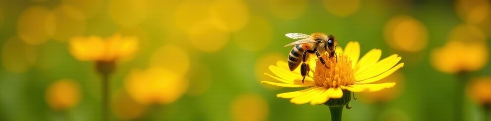 Honeybee foraging on sunny yellow bloom in garden setting , yellow flower, sunny