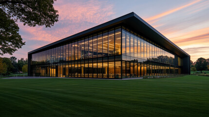 Obraz premium Modern glass house with illuminated interiors reflecting vibrant sunset. sleek design and expansive windows create stunning visual impact