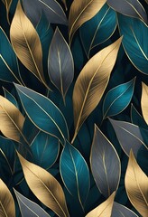 Elegant Teal and Gold Leaves Pattern - Sophisticated Botanical Design
