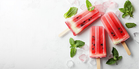 Watermelon ice cream with black “seeds” and mint leaves isolated on a white background. A summer treat, a low-fat dessert, refreshing and colorful.