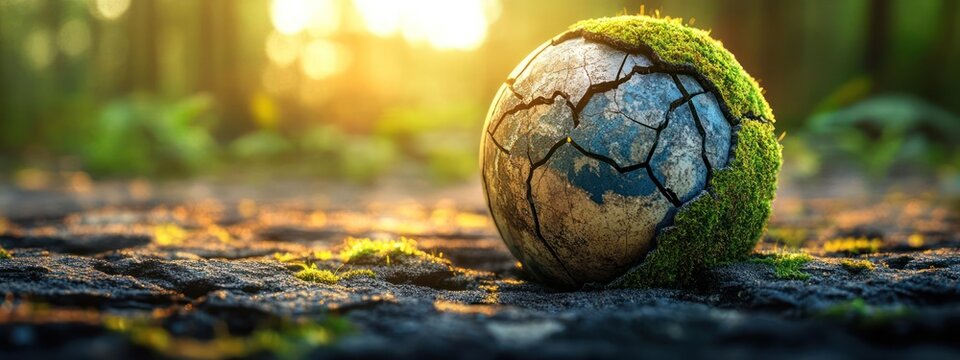 A cracked and weathered globe of the Earth sits on parched soil.