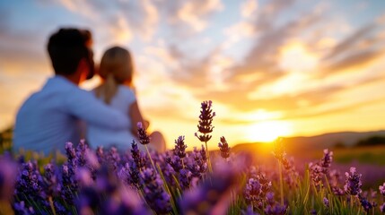 Embracing love in a lavender field at sunset