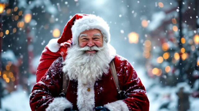 Jolly Santa Claus stands in a snowy scene, waving cheerfully with a warm smile.