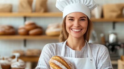 Baker joyfully presenting freshly baked bread in charming bakery setting