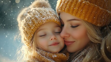 A mother and daughter snuggle warmly in matching knit hats and scarves amidst a gentle snowfall.