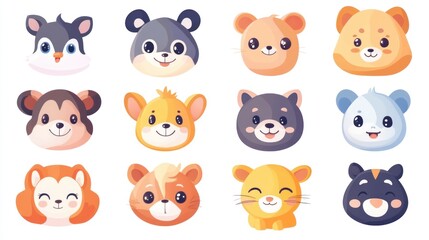 Cute cartoon animal faces.  Collection of twelve adorable animal head illustrations, diverse species, expressive faces, and vibrant colors, perfect for kids' design or playful projects..