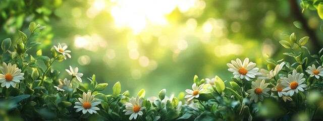 Obraz premium White flowers with yellow centers and green leaves.