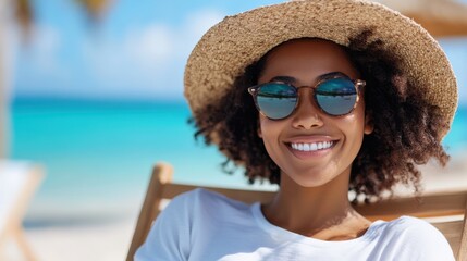 Relaxing by the beach, a joyful young woman enjoys her tropical getaway